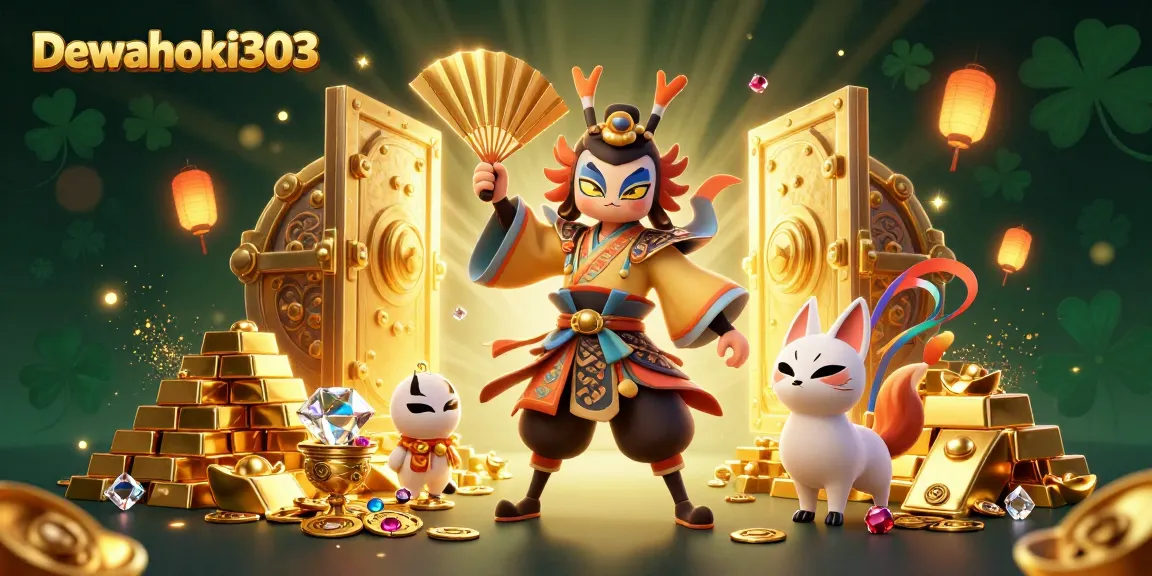 Dewahoki303 menghadirkan ilustrasi slot online dengan pahlawan kabuki dan kekayaan emas.