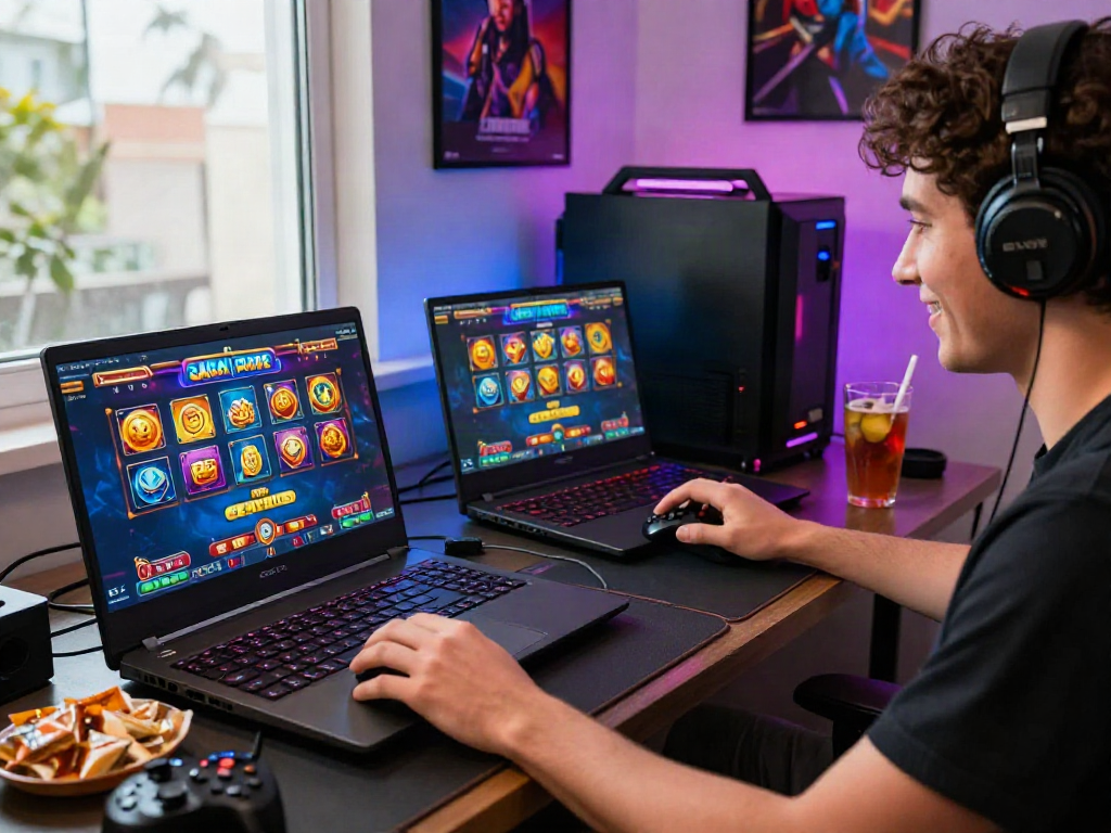 Engaged player enjoying a slot gacor game on a gaming laptop in an immersive room.