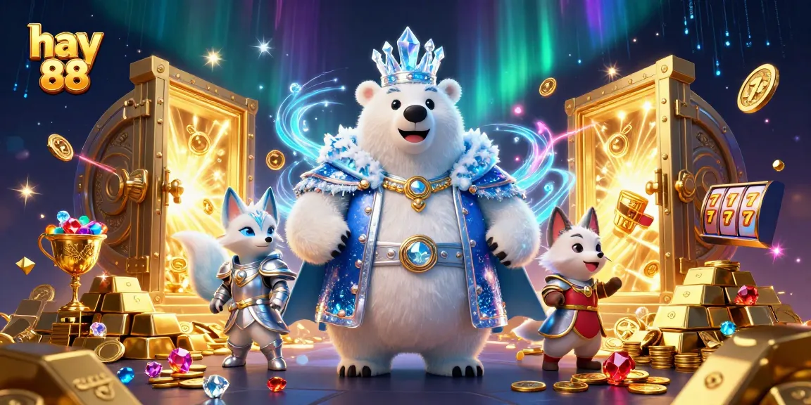 Hay 88 jackpot scene featuring playful characters amidst gold and gems in a vibrant casino setting.