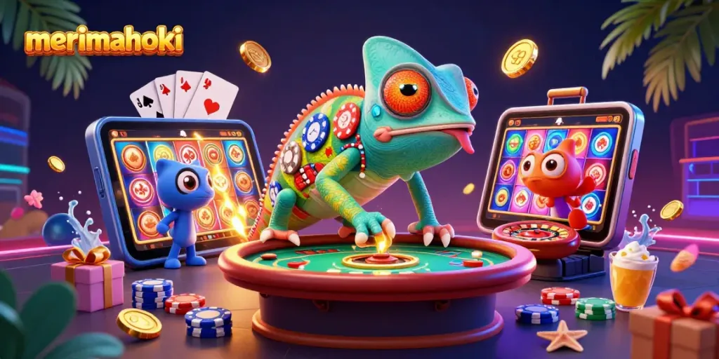 merimahoki menang dengan chameleon kasino besar dan elemen slot berwarna-warni di latar belakang