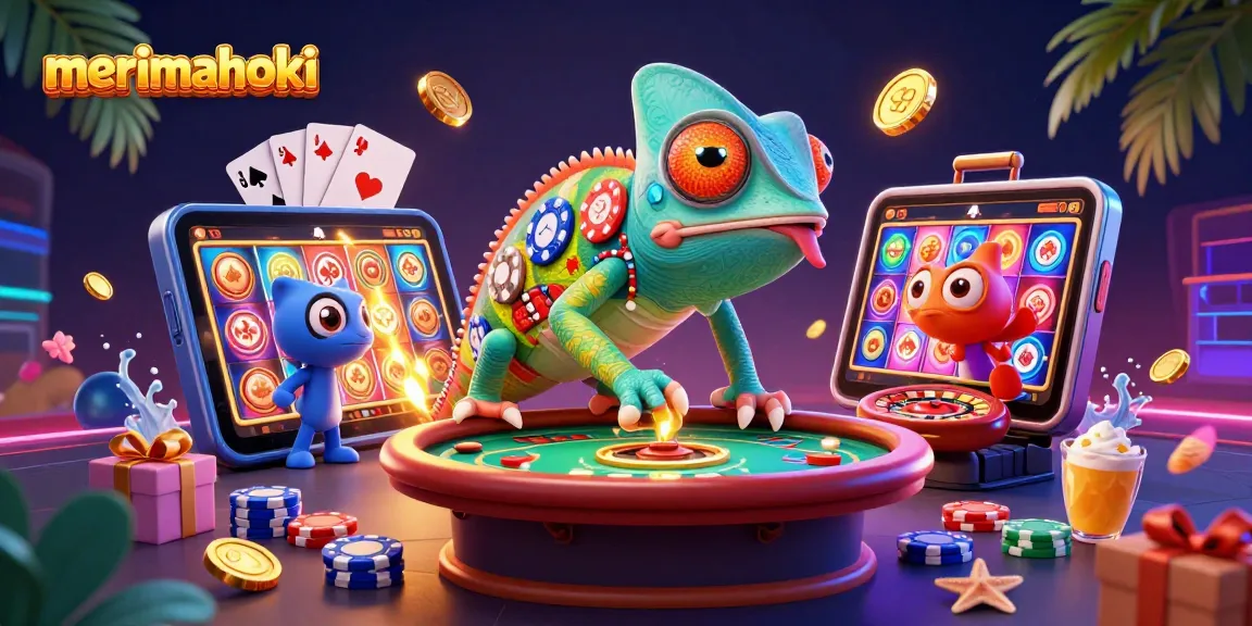 merimahoki menang dengan chameleon kasino besar dan elemen slot berwarna-warni di latar belakang