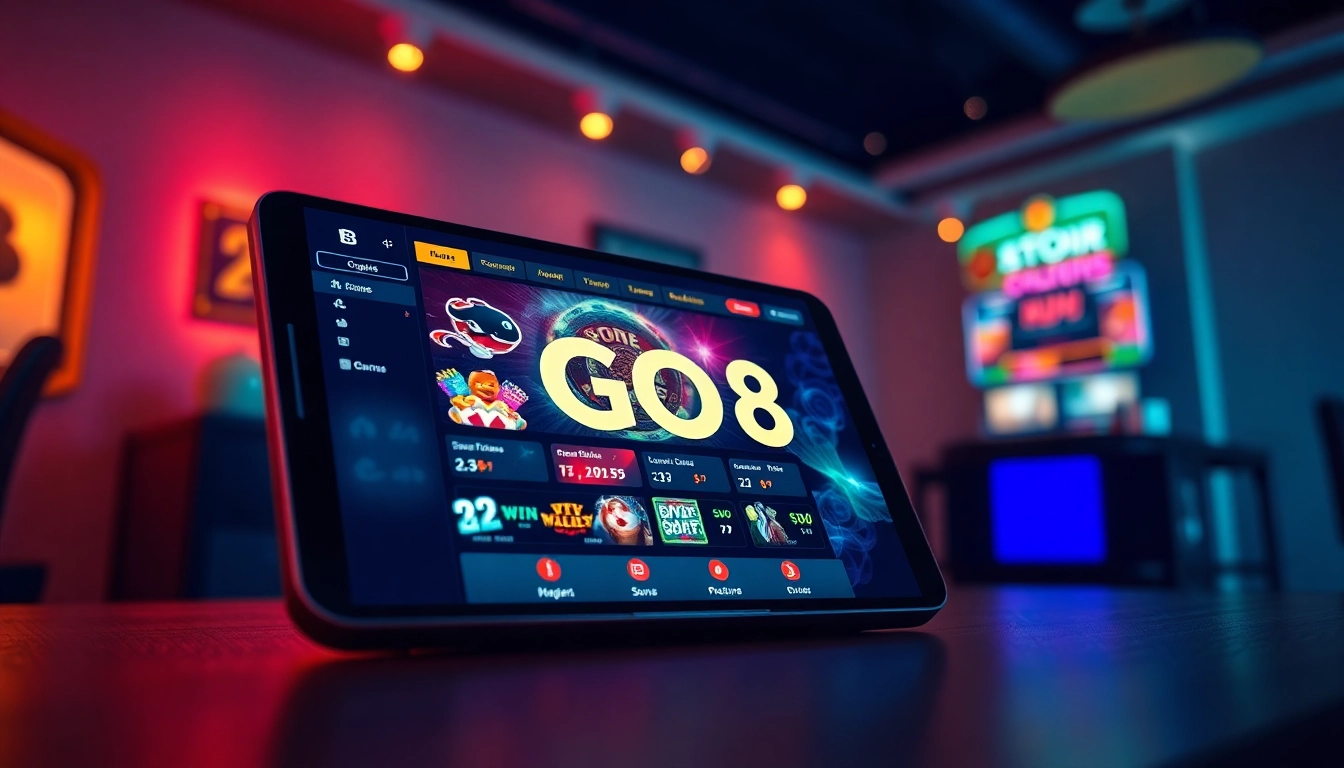 Illustration of the GO8 online casino interface showcasing diverse gaming options and user-friendly design.