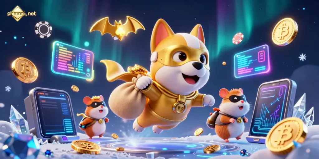 Featuring phimmoi, net, a superhero dog and sidekick hamster flying with gold coins amidst vibrant gambling elements.