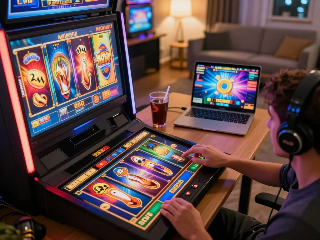 Player engaging with tr88 slot games on a tablet in a cozy home setting, showcasing animated reels and an inviting atmosphere.