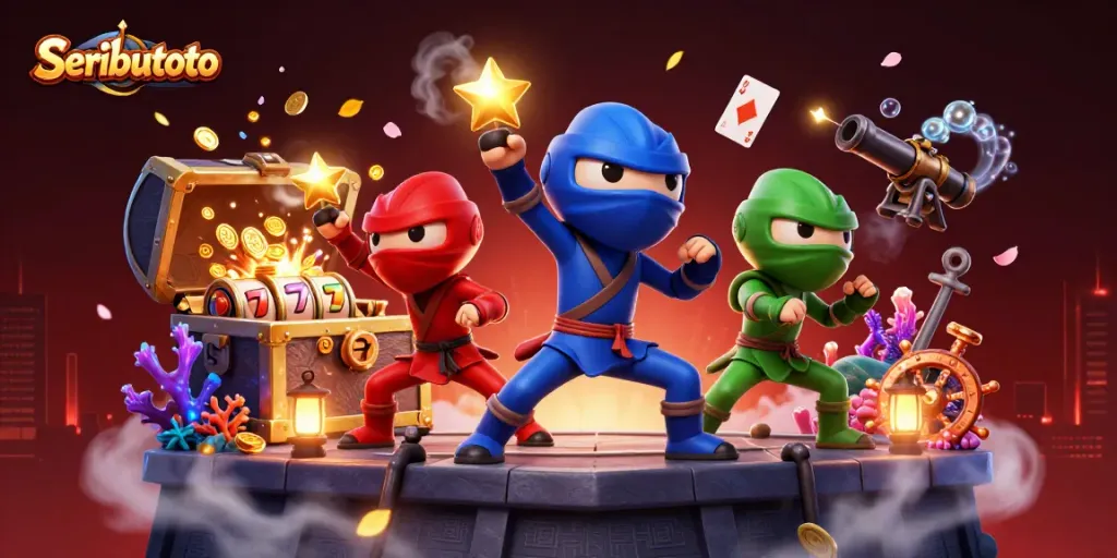 Engage with Seributoto through an exciting illustration of ninja chameleons amidst vibrant casino elements.