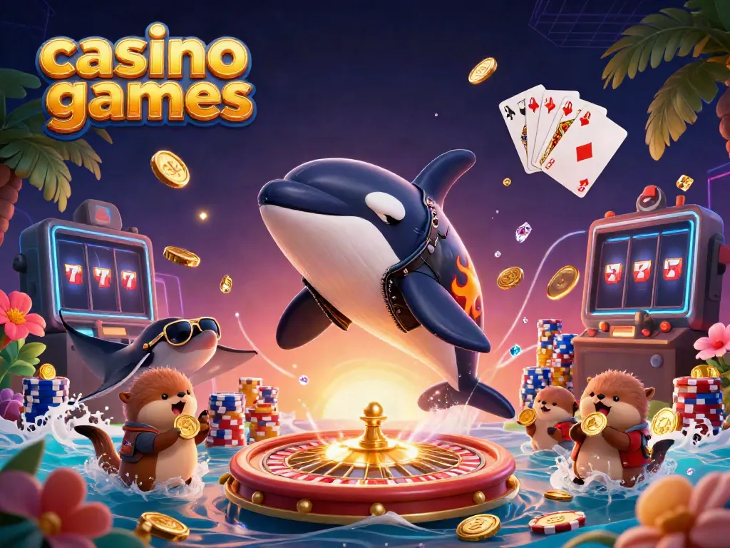 Experience thrilling casino games with an orca, stingray, and otters in a vibrant illustration.