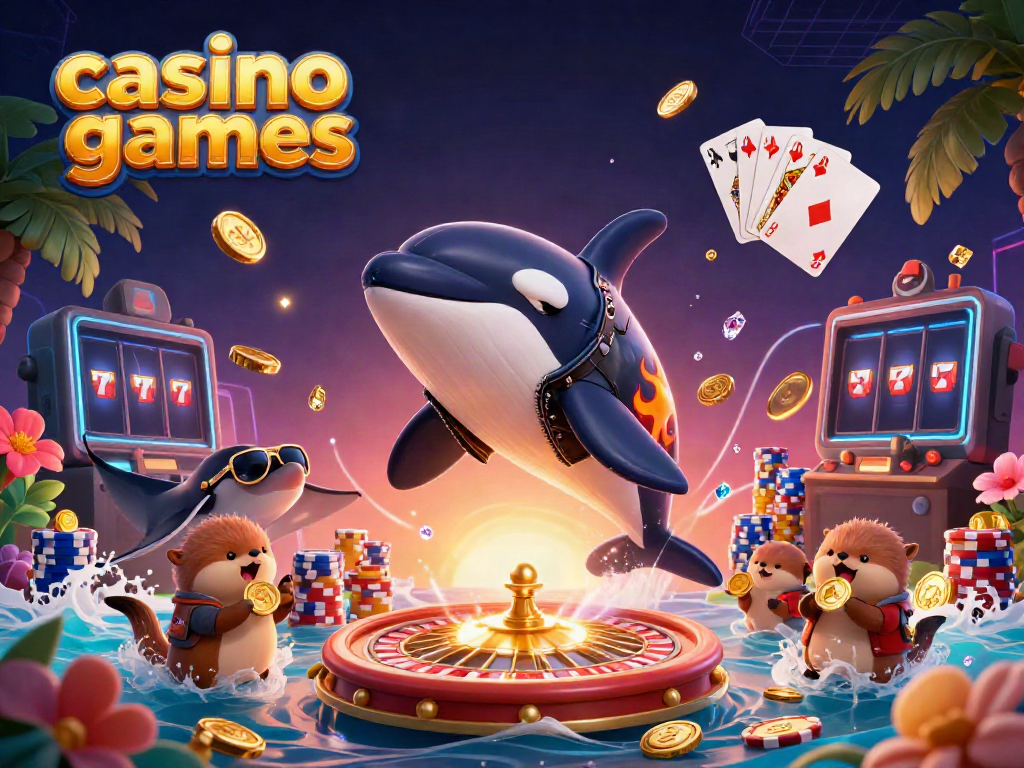 Experience thrilling casino games with an orca, stingray, and otters in a vibrant illustration.