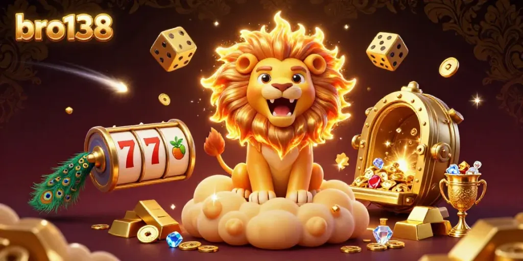 Spin to win at bro138 with slot reels and golden treasures in a vibrant casino scene.