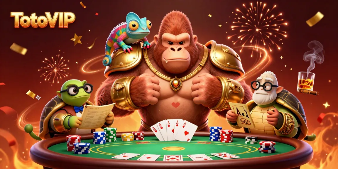 Engaging TotoVIP casino scene showcasing a powerful gorilla king and wise tortoise among poker elements.