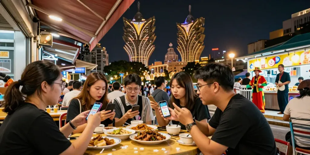 Menampilkan suasana malam di Macau dengan Data Macau yang ditampilkan di smartphone teman-teman saat menikmati makanan lokal.