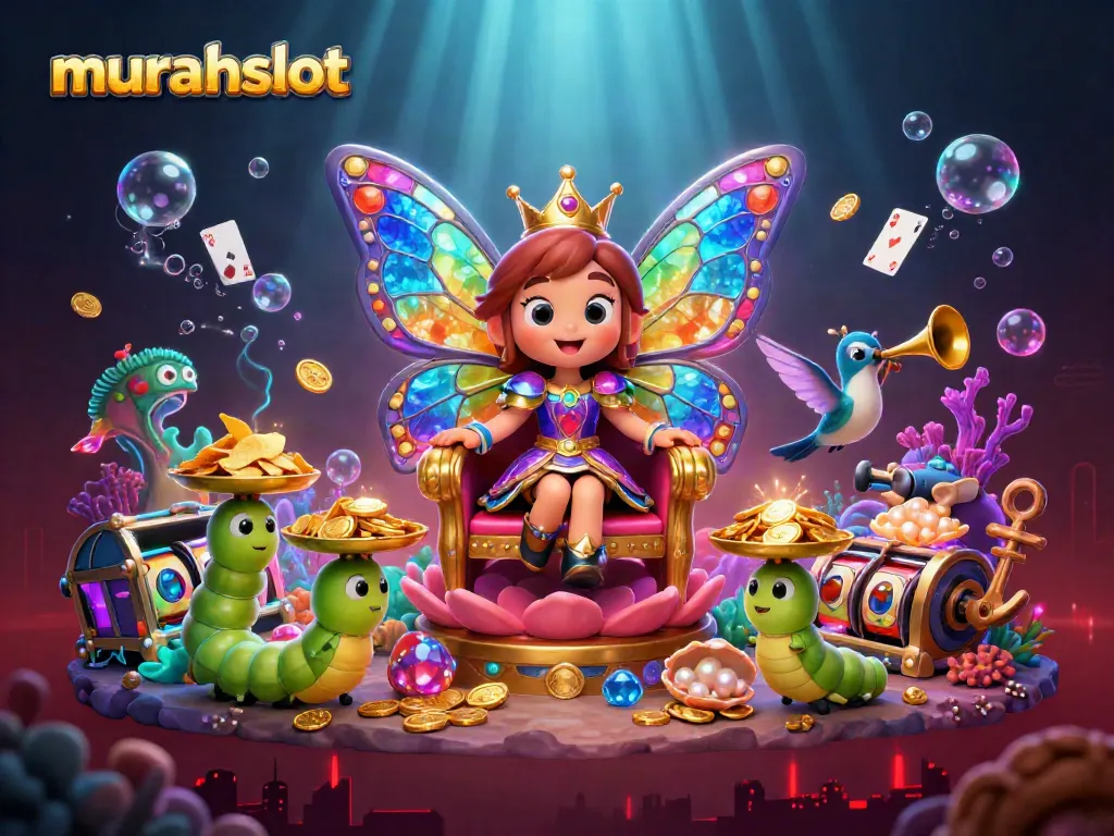 Engage with the colorful world of murahslot as a butterfly queen presides over a vibrant casino illustration.