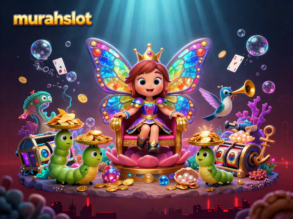 Engage with the colorful world of murahslot as a butterfly queen presides over a vibrant casino illustration.