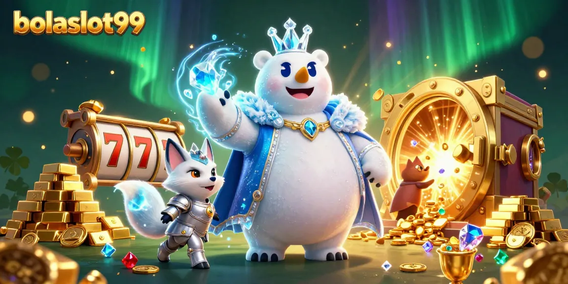Bolaslot99 spins excitement with a glittering slot scene featuring a polar bear king and riches.