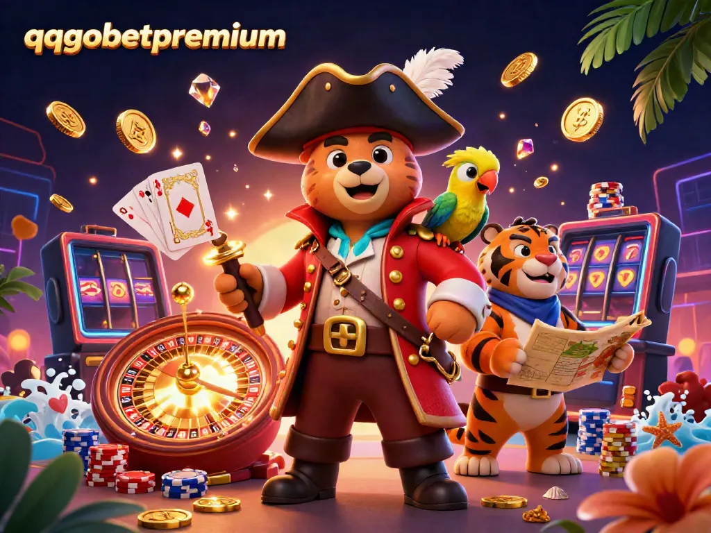 Play and win at qqgobetpremium with a pirate captain, tiger, and parrot in an exciting casino scene.