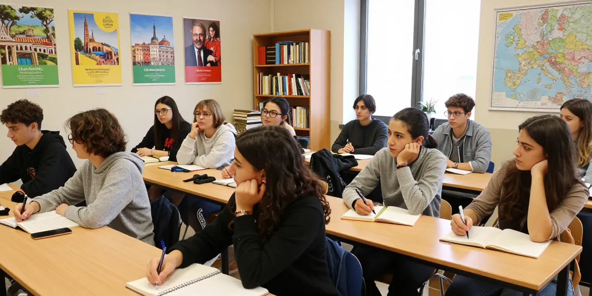 Students in a classroom discussing Italian literature like toto togel stories, fostering cultural engagement.
