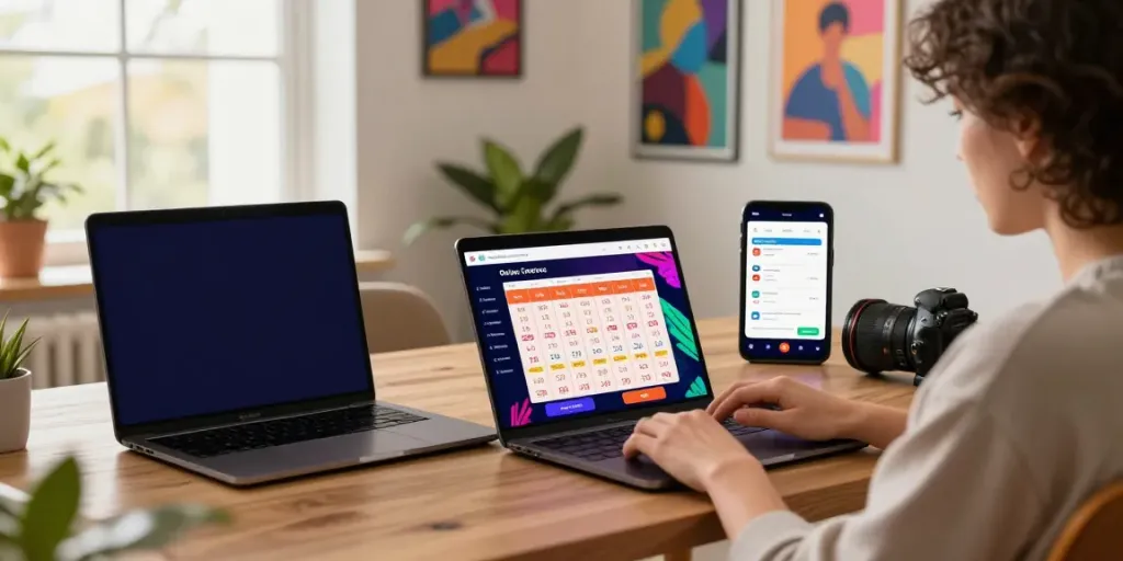 Pengguna mengeksplorasi cirebontoto di laptop dengan antarmuka menarik dan komponen modern.