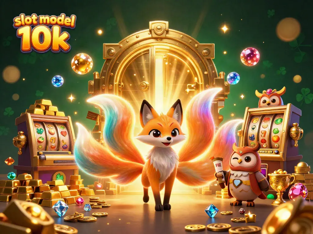 Permainan slot modal 10k menampilkan karakter kartun 3D dalam lingkungan gambaran kasino yang kaya dan berkilau.
