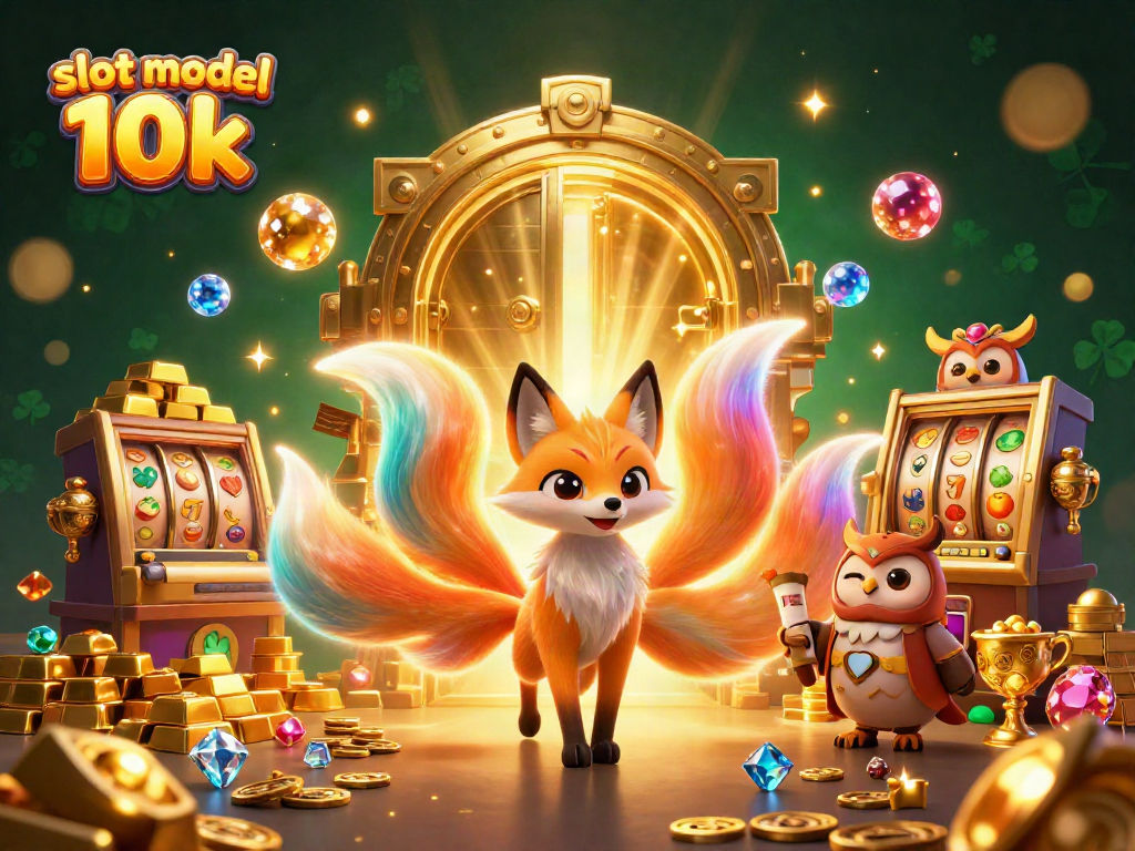 Permainan slot modal 10k menampilkan karakter kartun 3D dalam lingkungan gambaran kasino yang kaya dan berkilau.