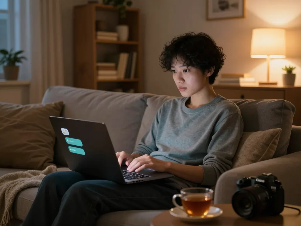 Engaging NSFW chat scene featuring a person on a cozy sofa with laptop and ambient lighting.
