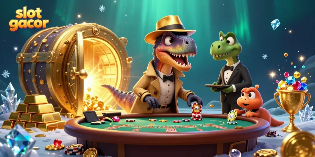 Menampilkan slot gacor dengan karakter lucu bermain kartu di kasino yang megah.