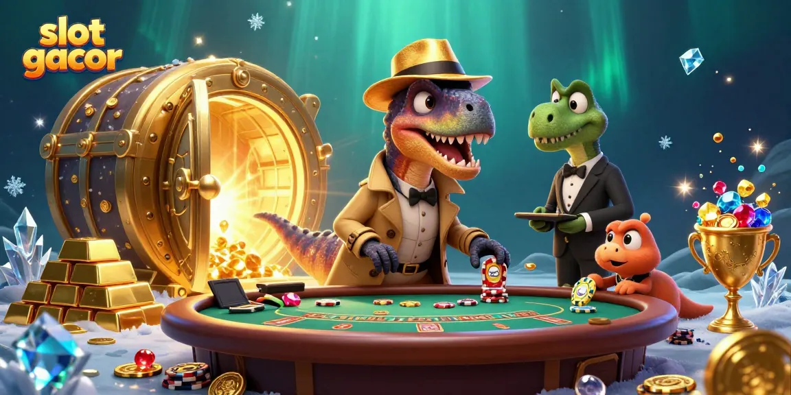 Menampilkan slot gacor dengan karakter lucu bermain kartu di kasino yang megah.