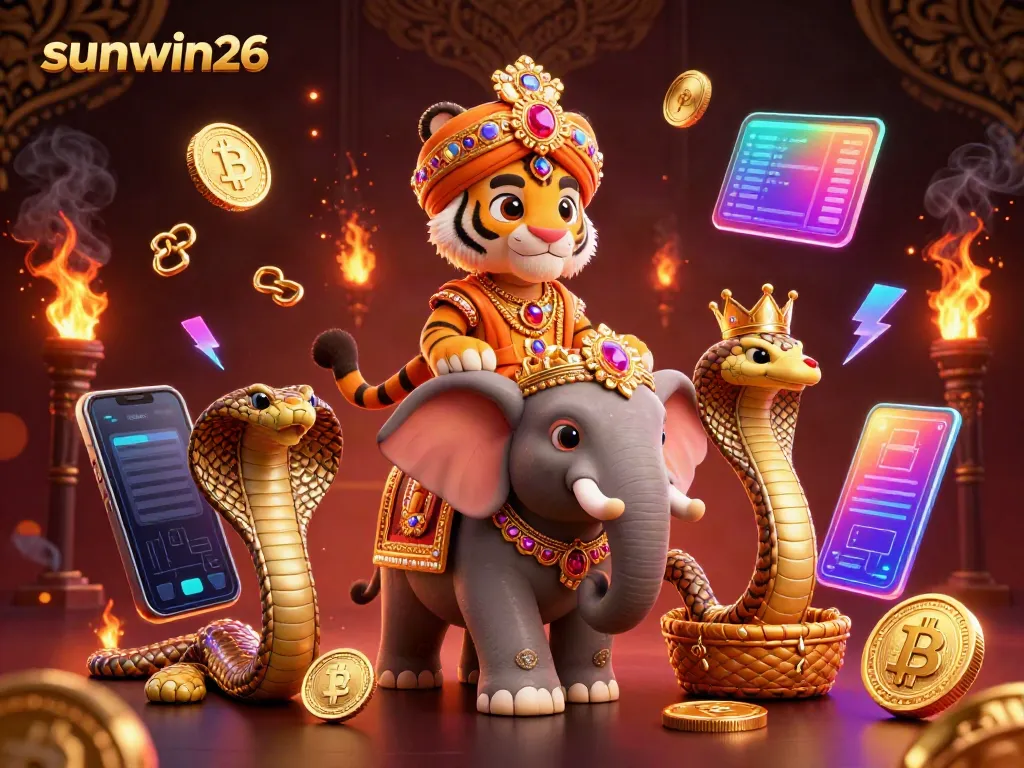 Experience sunwin26 with a vibrant 3D illustration featuring a majestic Indian maharaja tiger and an elephant amidst cryptocurrency elements.