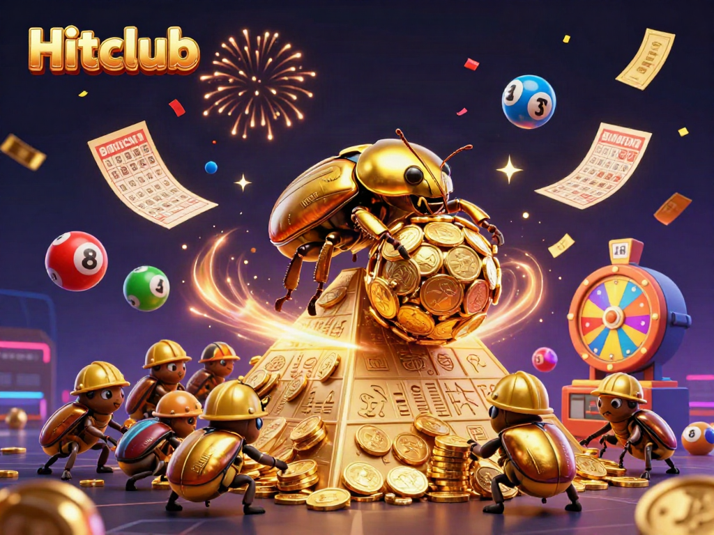 Engage with Hitclub as a golden dung beetle rolls a jackpot of coins, showcasing vibrant casino excitement.