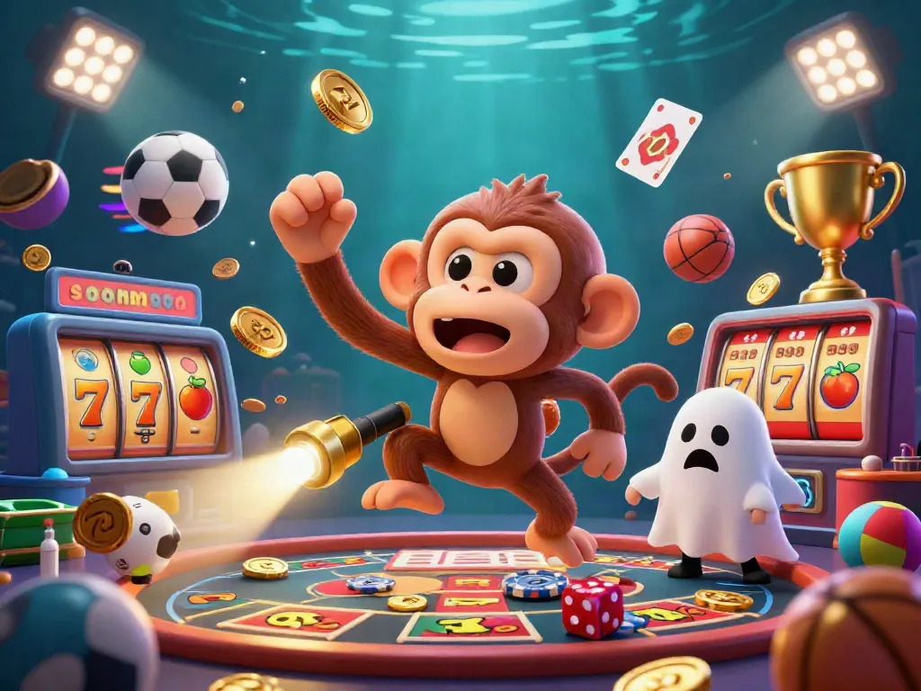 Experience the thrilling casino dynamics with SOMATOTO as a poltergeist monkey juggles gold in an energetic gaming scene.