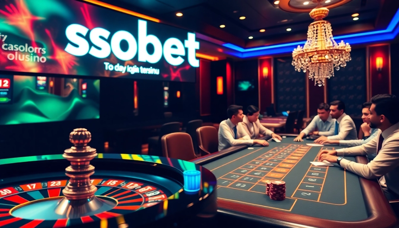 Sbobet login terbaru displayed at a luxurious casino with excited gamblers at a poker table.
