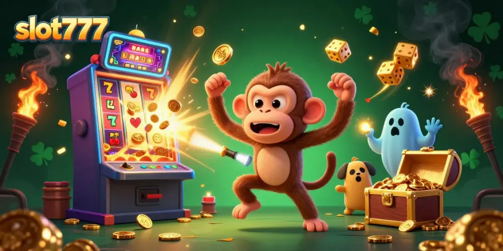 Play thrilling slot777 games with a mischievous monkey and a ghost-hunter puppy in vibrant casino scenery.