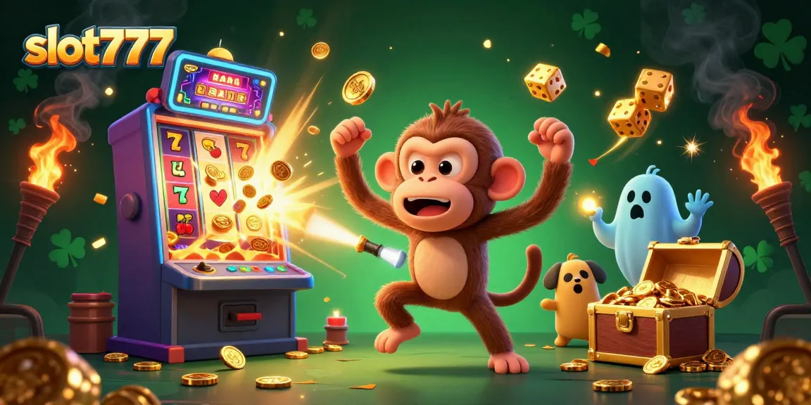 Play thrilling slot777 games with a mischievous monkey and a ghost-hunter puppy in vibrant casino scenery.
