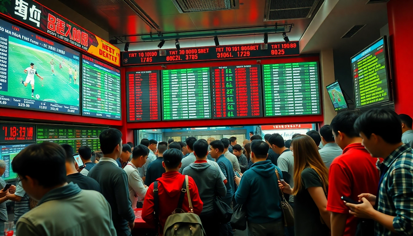 Dynamic sports betting scene showcasing kèo nhà cái odds with engaged participants in a lively atmosphere.