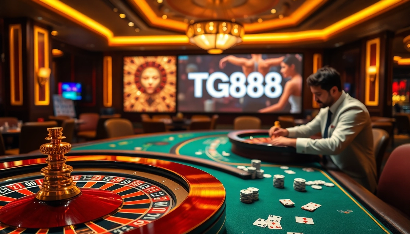 TG88 đăng nhập at an upscale casino with vibrant tables and excited players ready to win.