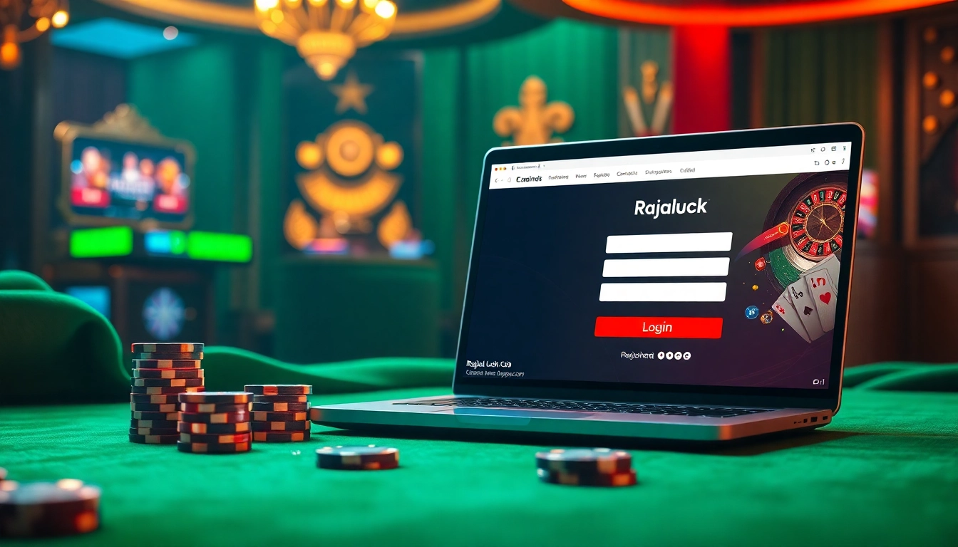 Rajaluck Login interface inviting players to engage in online gambling with vibrant casino elements.