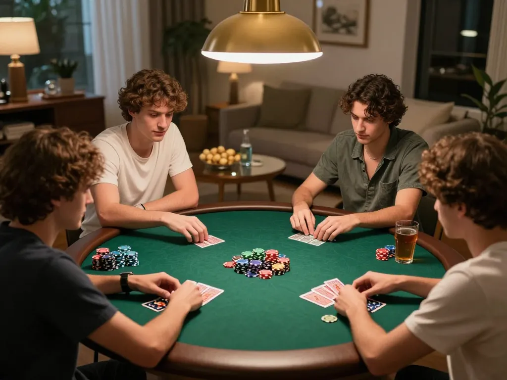 Friends engaged in a poker game on the trang chủ cm88 site, focused on their hands surrounded by chips.