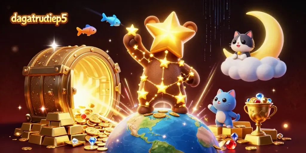 Engage with dagatructiep5 as a constellation bear scoops coins, surrounded by treasures in an exciting casino-themed illustration.