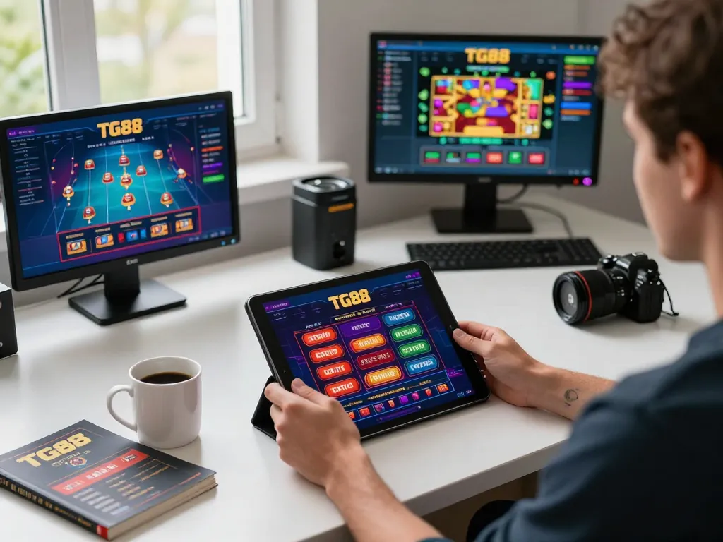 TG88 player engaging with online casino app on tablet, showcasing vibrant game graphics and strategic environment.