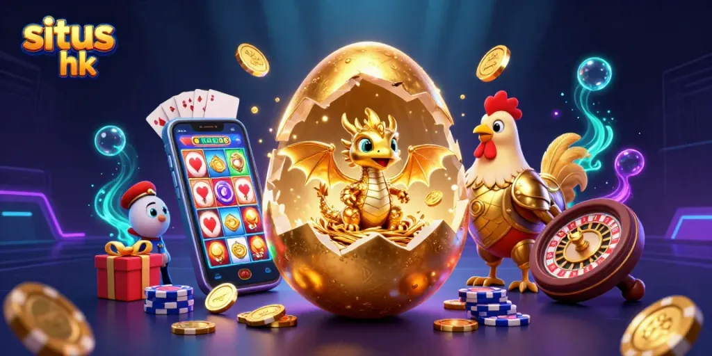 Permainan situs hk dengan naga emas di kasino, menampilkan koin emas dan chip poker.