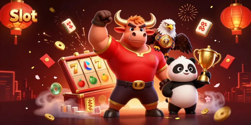 Slot menggambarkan karakter kartun 3D yang memenankan trofi di tengah permainan mesin slot.