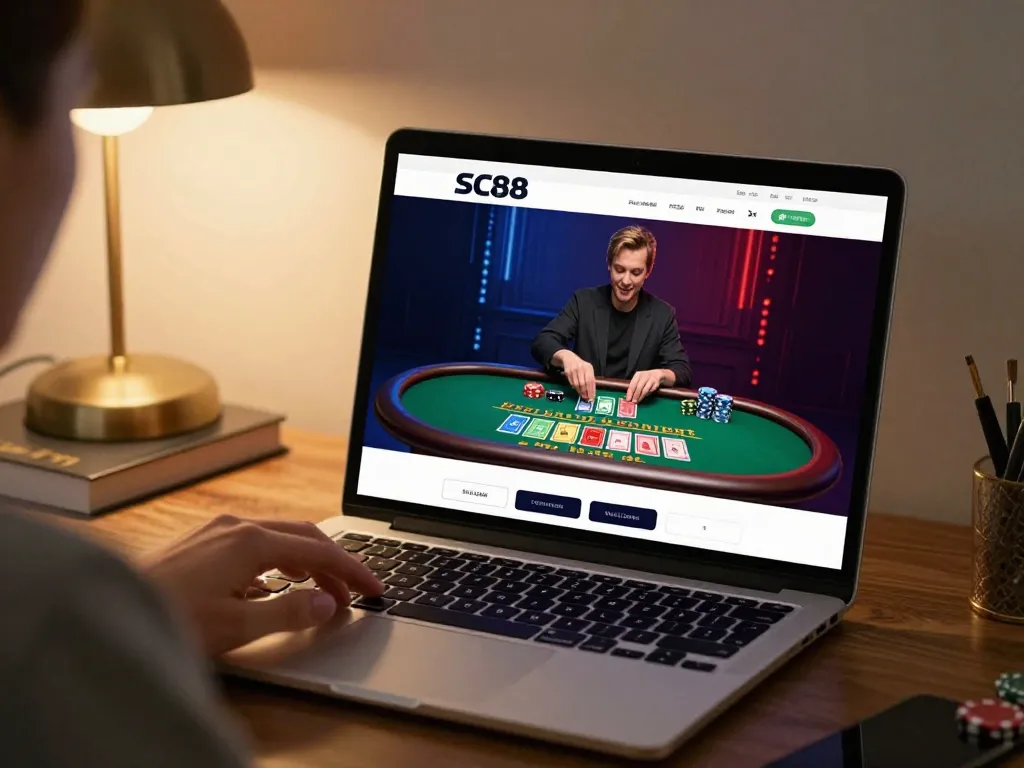 Engaging SC88 gameplay through a laptop at home with live blackjack interface.