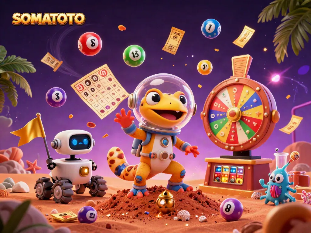 SOMATOTO Martian gecko discovers a golden casino with lively lottery elements in a vibrant, energetic scene.