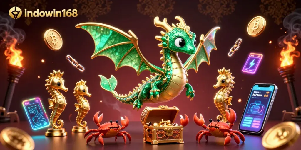 Play at indowin168 with a vibrant 3D casino scene featuring Bitcoin, Ethereum, and dynamic ocean creatures.