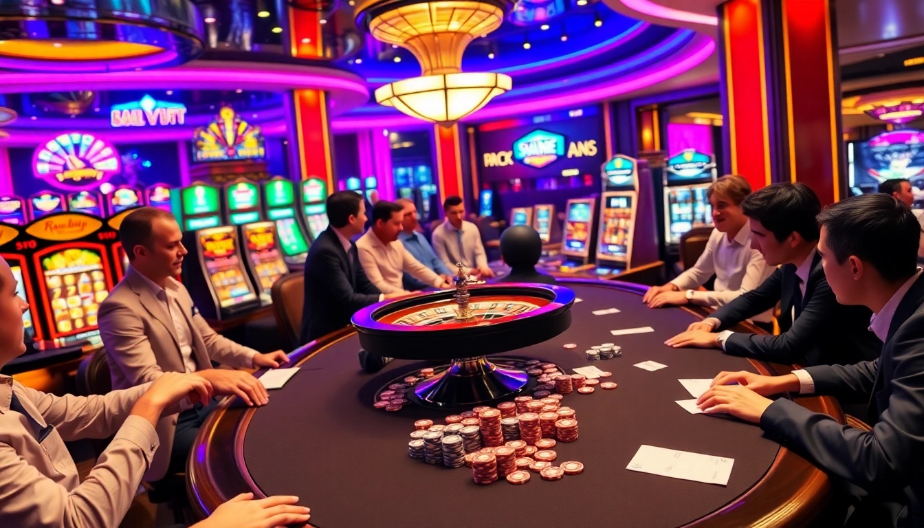 SV 368 gamblers enjoying high-stakes poker, surrounded by vibrant casino decor and excitement.
