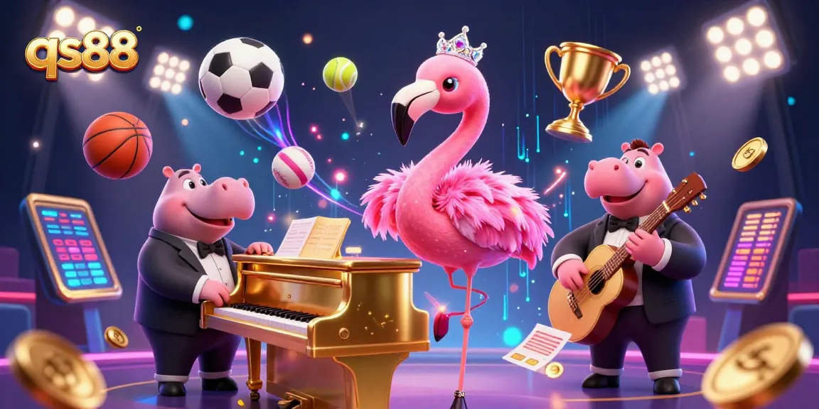 Experience thrilling bets at qs88 with vibrant casino lounge scene featuring lively flamingo and hippo musicians.