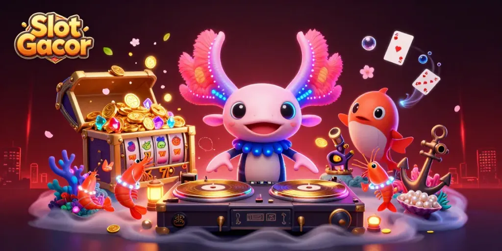Experience Slot Gacor thrills with a neon axolotl DJ and vibrant casino underwater party!