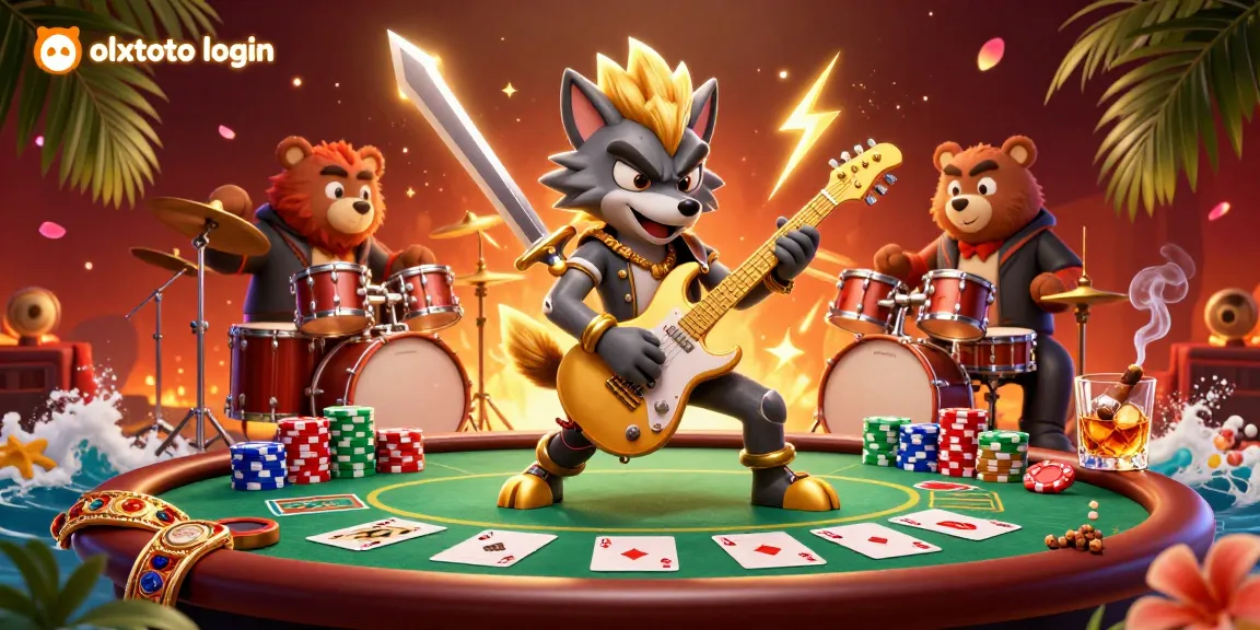 Experience the dynamic olxtoto login scene with a rock star wolf and drummer bear in a lively casino atmosphere.