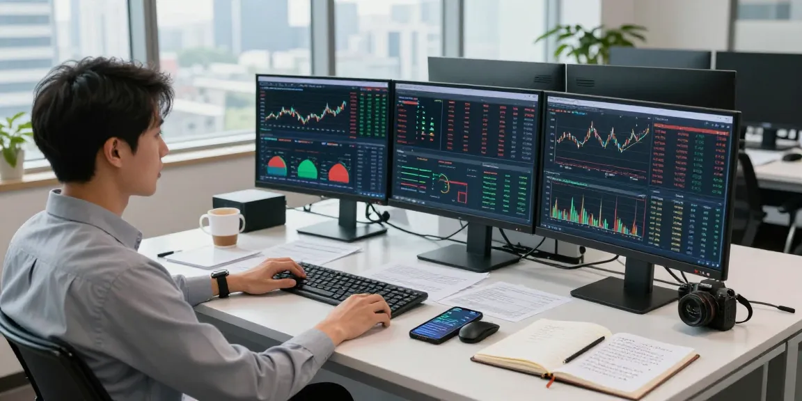 Focused financial analyst in office using link slot to track market data and trends.