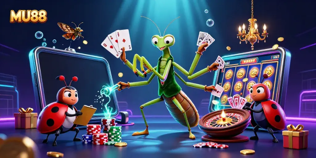 Experience thrilling gameplay with MU88 as the giant mantis card sharp dazzles with cards and chips amidst a vibrant casino scene.