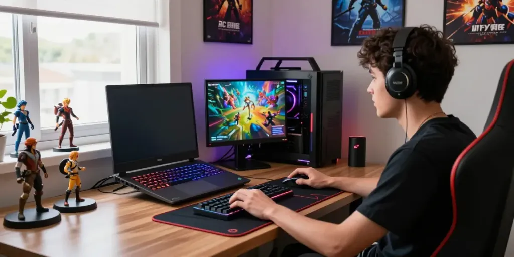 Momen bermain game online dengan fokus tinggi dan peralatan gaming modern di bukumimpi138.