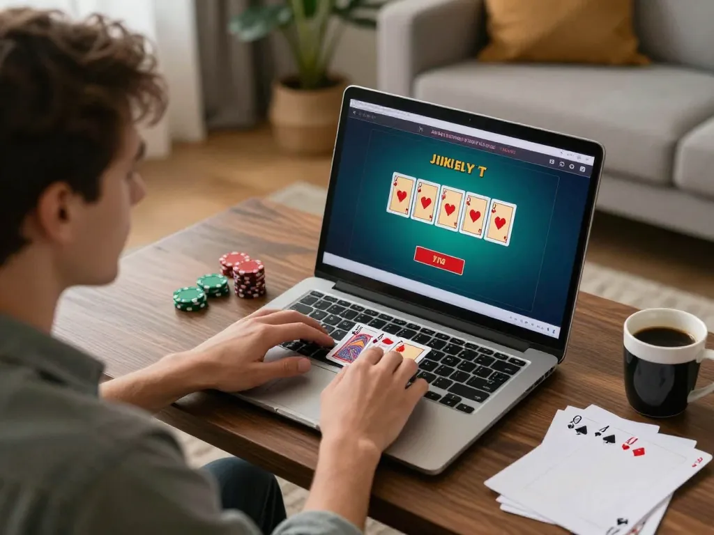 Berpartisipasi dalam permainan blackjack langsung secara online di rumah, menampilkan oceangalleyseafood di layar laptop.
